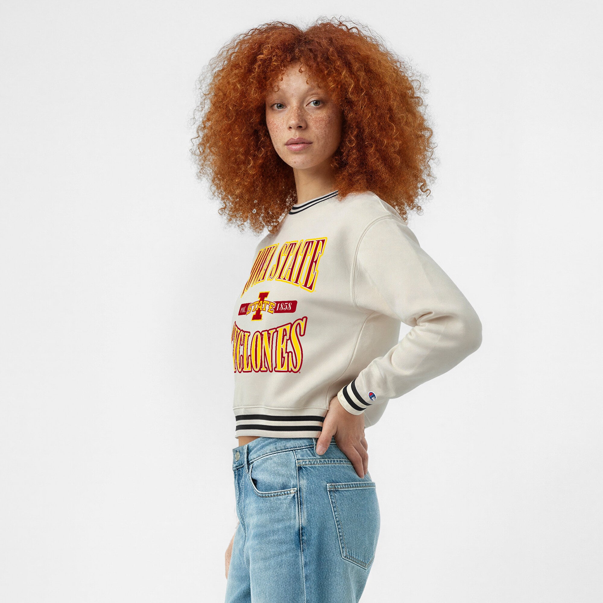 Women's Champion  White Iowa State Cyclones Yarn Dye Rib Reverse Weave Crew Sweatshirt